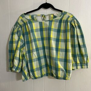 a.n.a Plaid Checkered Cotton Blouse - Size 3XL - Lime Green - Wide Arm Sleeve